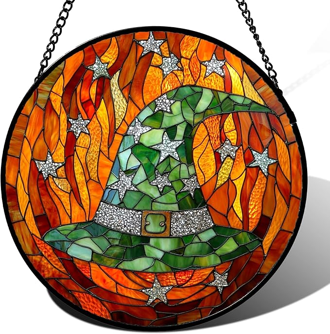 Stained Glass Window Hanging - Halloween Decorations Witch Hat Suncatcher for Doors Garden Indoor Spooky Funny Green Sun Catchers Gothic Decor Horror Gifts for Women Men Friend 11.8 in