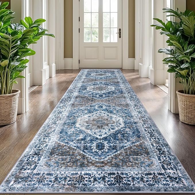 KOZYFLY Long Runners for Hallways 2.6x10 Ft Washable Kitchen Runner Rug Boho Runner Rug for Entryway Indoor Blue Printed Oriental Faux Wool Stair Runner Floor Carpet Runner for Stair Kitchen Hall