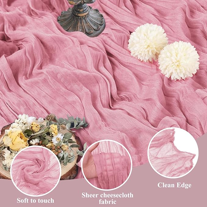 Asee'm 3pcs Cheesecloth Table Runner 120 Inches Long Pink Boho Gauze Cheese Cloth Runner 10FT Rustic Sheer Table Runners for Christmas Wedding Party Baby Shower Spring Easter Decoration
