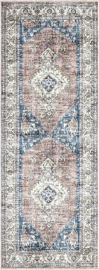 Bloom Rugs Caria Washable Non-Slip 7 ft Runner - Coral Pink/Ocean Blue Traditional Runner for Entryway, Hallway, Bathroom, and Kitchen - Exact Size: 2'6" x 7'