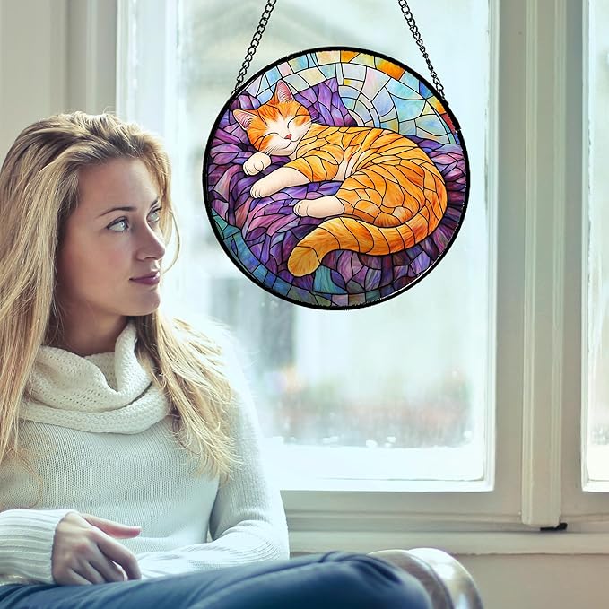 Stained Glass Window Hanging Sleeping Orange Cat 7.8" - Memorial Gift Suncatcher Door Sun Catcher Decor Birthday Christmas for Lost Pets Mom Men Woman Friend