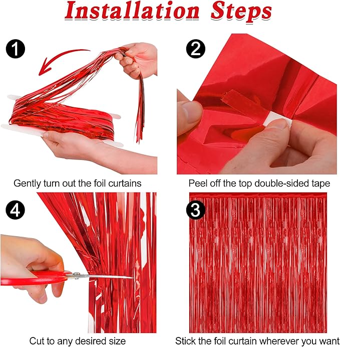12 Pack Red Curtains, 3.28 FT x 7.05 FT Party Streamer, Metallic Party Backdrop Birthday Streamer Foil Curtains, Fringe Tinsel for Red Party Decor Casino Theme Decorations Party Supplies