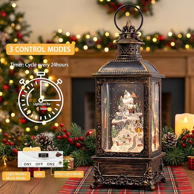 Christmas Village Buildings Snow Globe Lantern Water Glittering Snowman Family with Music & Timer, USB Lined/Battery Operated Lighted Lantern for Christmas Festival Decoration Gifts