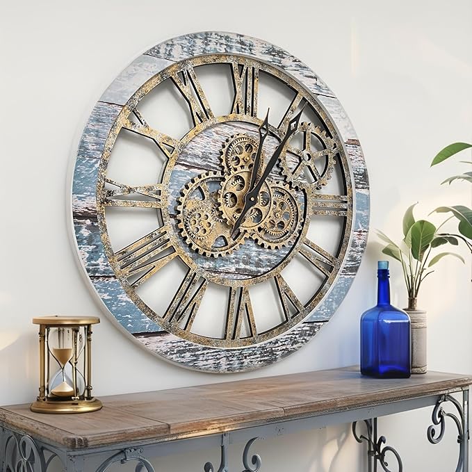 ImprovingLife The Gears Clock The Original Real Moving Gear Wall Clock Vintage Industrial Oversized Rustic Farmhouse (24 inch (60cm), Vintage Aqua Green and Bronze)