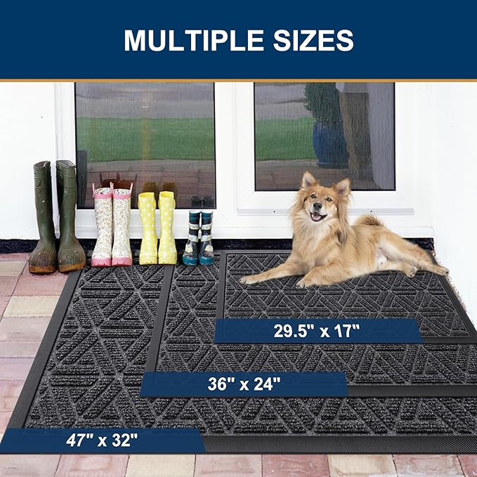 Smiry Front Door Mat Outside Entrance, Heavy Duty Sturdy Natural Rubber Doormat, Trap Dirt and Moisture, Easy Clean Low Profile Mats for Indoor Outdoor Entry, Grid Geometric (35x23, Grey)