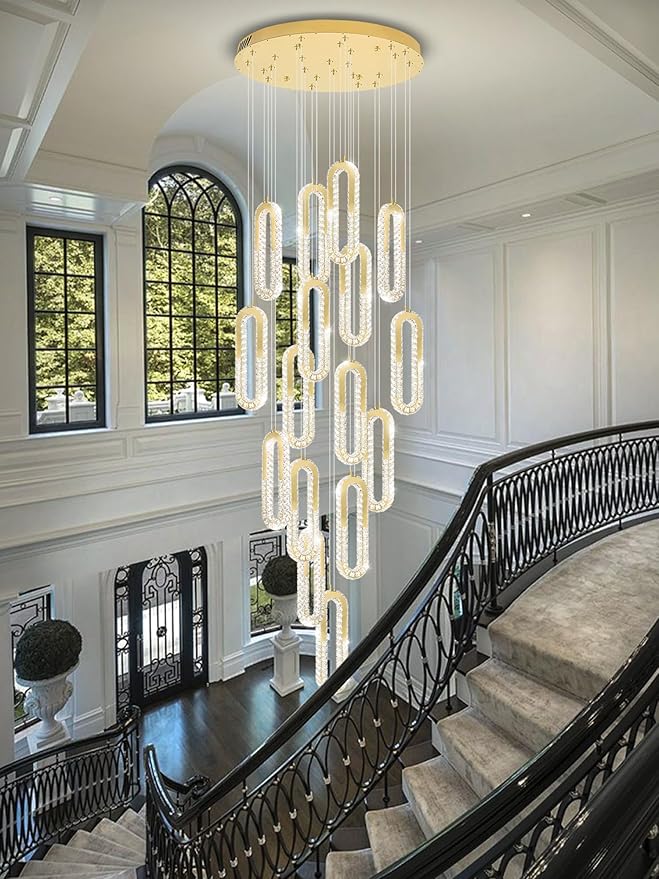 H138 Large Chandelier for High Ceiling,Modern 16-Rings Crystal Chandeliers for Entryway,Gold Pendant Light for Living Room,Foyer,Entryway LED Dimmable Staircase Chandelier