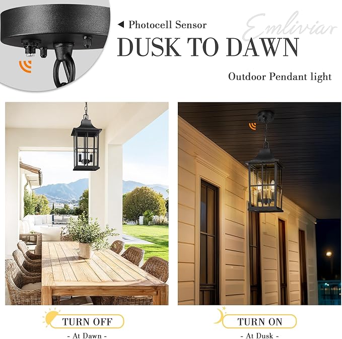 Emliviar Dusk to Dawn 2-Light Large Porch Light Outside Chandelier for Yard, 15.4" Black Hanging Lantern Light Fixture with E12 Base, Clear Glass, YXE306H-M-PC BK