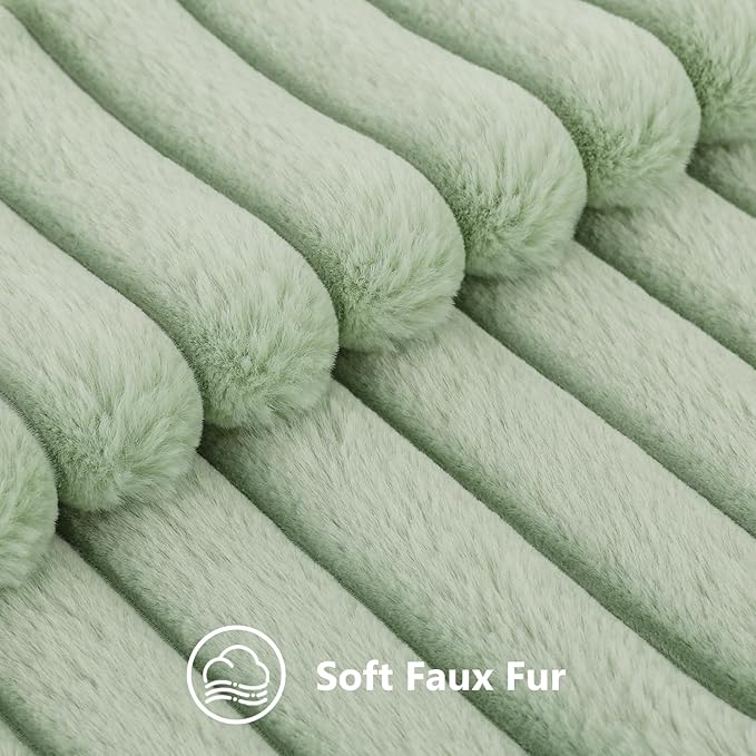 decorUhome Faux Fur Christmas Throw Pillow Covers 24x24 Set of 2, Decorative Soft Plush Striped Neutral Couch Euro Pillow Covers with Velvet Back for Sofa, Bed, Living Room Home Decor, Sage Green