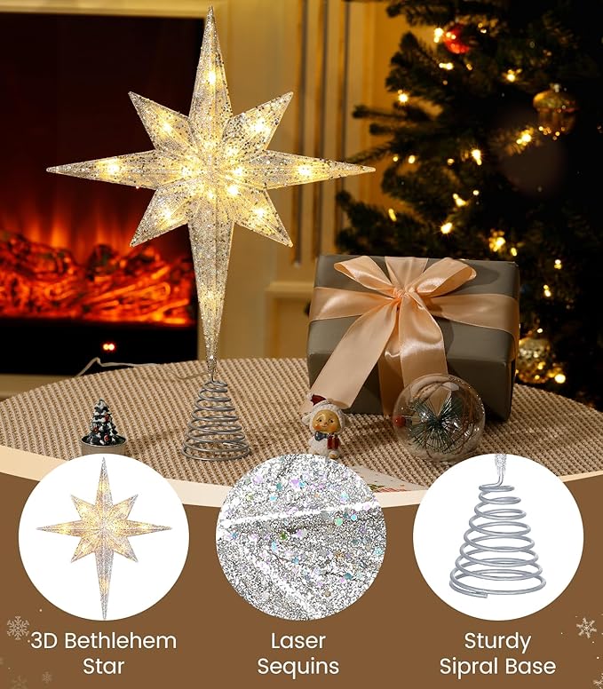 Luxspire Christmas Tree Topper, Lighted Star Tree Topper with USB Plug-in & Remote Control, 10" LED Christmas Decorations Light, Xmas Trees Vintage Ornament for Home, Bethlehem Star-Silver