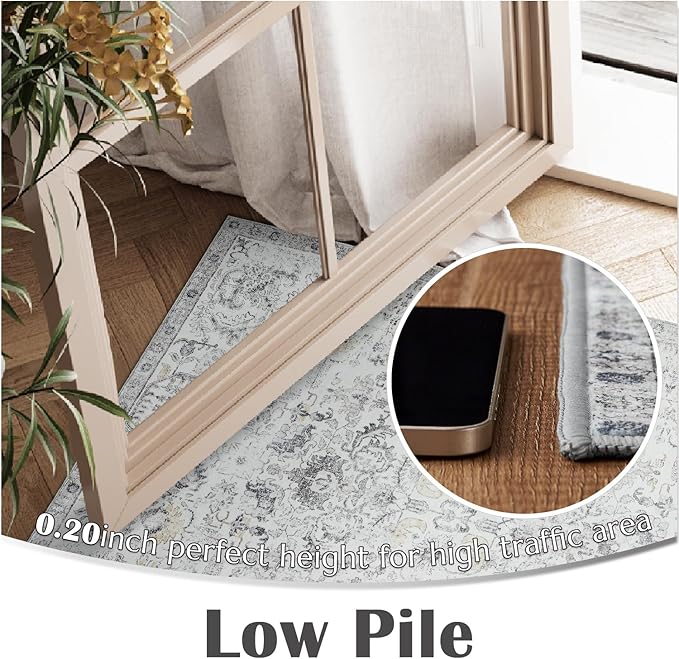 jinchan Kalen Area Rug 2x3 Washable Entryway Rug Soft Door Mat Vintage Indoor Entrance Thin Retro Distressed Carpet Grey Floral Country Boho Non Slip Doormat Bathroom Kitchen Bedroom