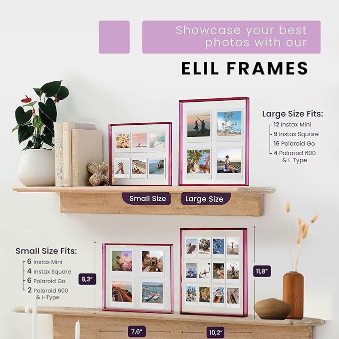 Elil Pink Polaroid Frame for Instant Film Fujifilm Instax Film 11.8" x 10.2" Collage Frame Family and Wedding Collage Picture Frames Double Glass Acrylic Frame Set of 2
