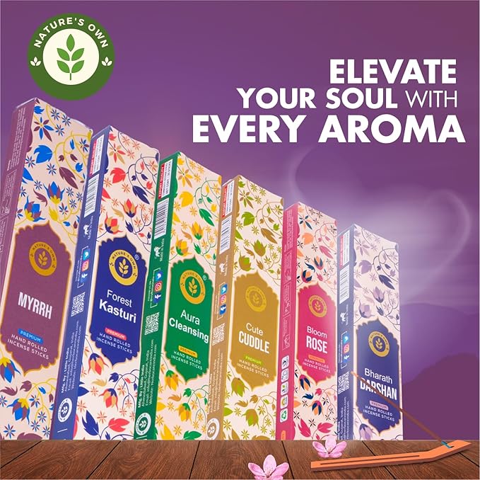 Incense Sticks Gift Pack – 6 Fragrances x 20 Sticks Each, Hand Rolled Insents with Incense Holder – Bharath Darshan Forest Kasturi Cute Cuddle Bloom Rose Aura Cleansing Myrrh