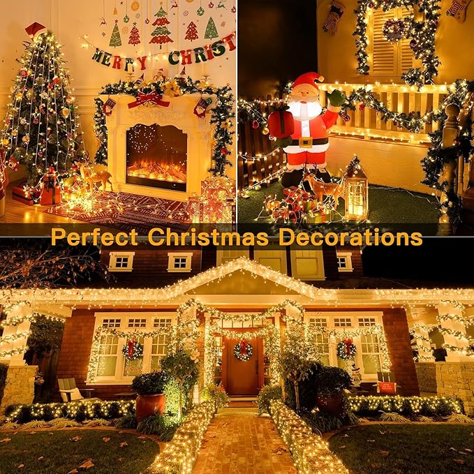 Ollny Christmas Lights Outdoor 400LED 131FT, Warm White Fairy Lights with Remote 3 Timer, Plug in 8 Modes String Lights for Bedroom Indoor Outside House Party Xmas Decorations