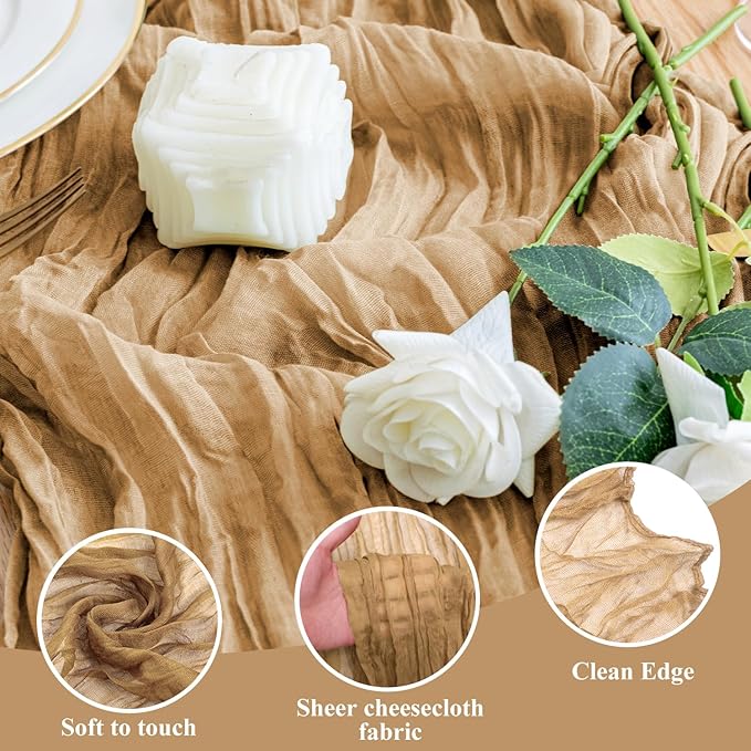 Wokceer Cheesecloth Table Runner 3Pack 10FT Khaki Boho Gauze Cheese Cloth Table Runner for Party Long Rustic Sheer Table Runners for Baby Bridal Shower Wedding Easter Table Decor