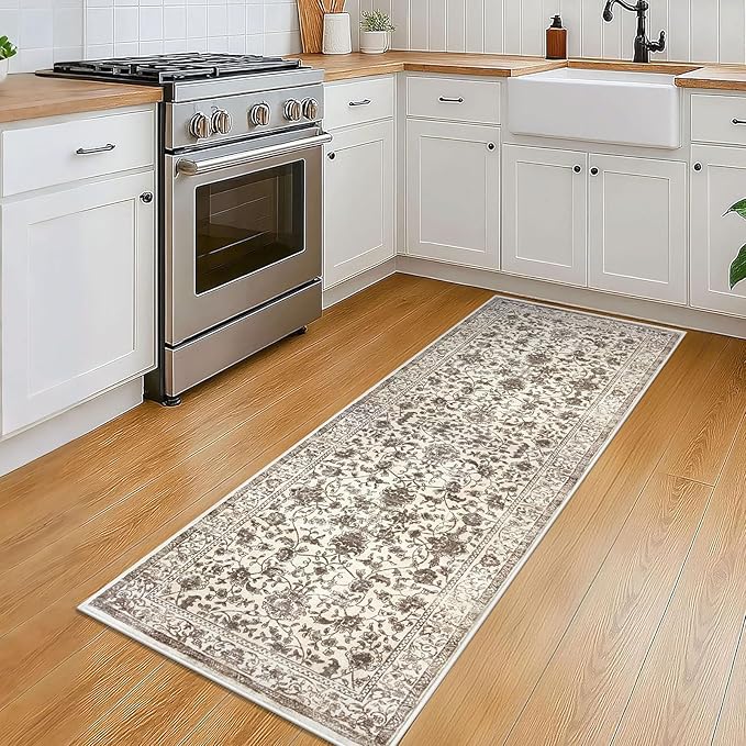KILOCOCO Hallway Runner 2x5 Kitchen Runner Rug Printed Vintage Floral Washable Non-Slip Rubber Backed Runners for Hallways Laundry Room Distressed Boho Rugs for Entryway Bedroom, Beige/Brown