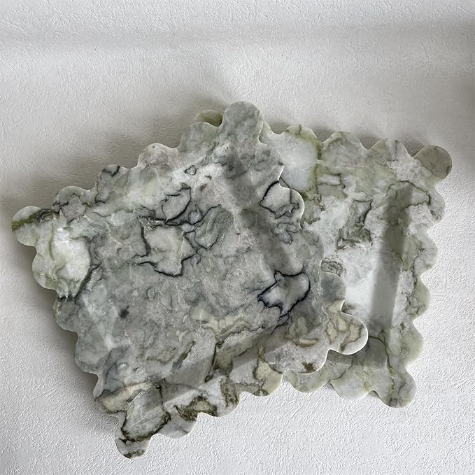 Vintage Natural Marble Tray Small Ornaments Scalloped Tray Handmade Storage Dish for Counter, Vanity, Dresser, Nightstand and Desk (Green Emerald)