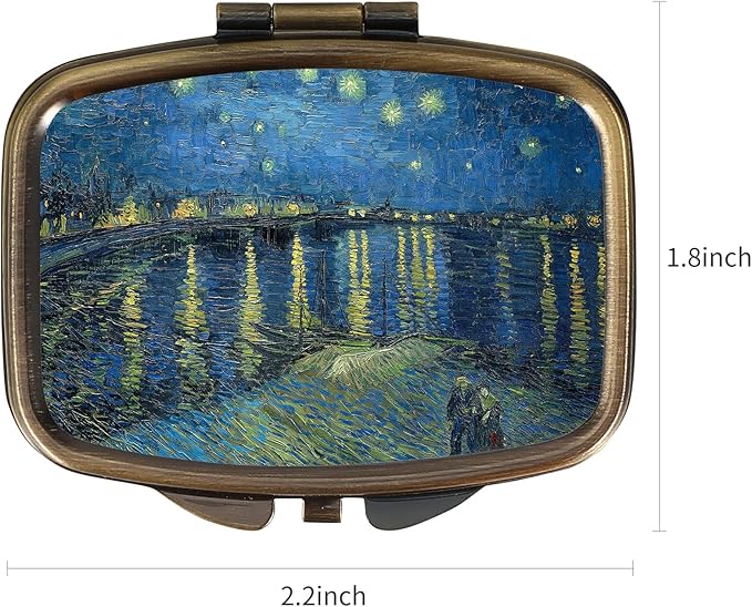 Dynippy Pill Case Pill Box with Mirror Retro Pocket 2 Compartment Medicine Case Vitamin Pill Organizer for Pocket Purse and Travel (A-Starry Night Over The Rhone)