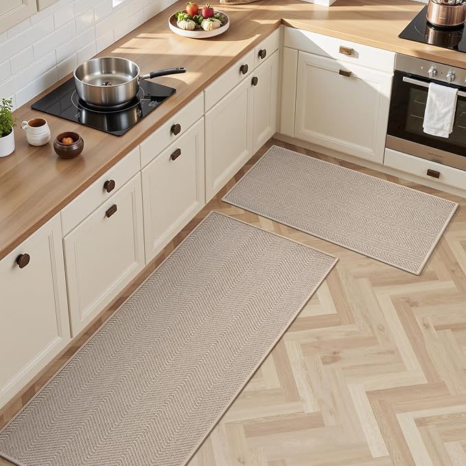 AMOAMI Kitchen Rugs and Mats, Non Slip Washable Kitchen Mats for Floor, Absorbent Quick Dry Kitchen Runner for in Front of Sink，Kitchen Rugs Sets of 2, 20"*32"+20"*47", Beige