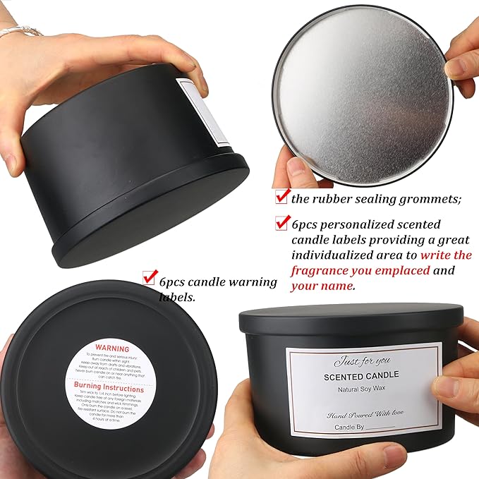 MILIVIXAY 6 Pack 24 oz Candle Jars with Metal Lids and Candle Making Kits - 3 Wick Candle Jars, Bulk Matte Black Thick Glass Containers for Large Candles - Spice, Powder Container.