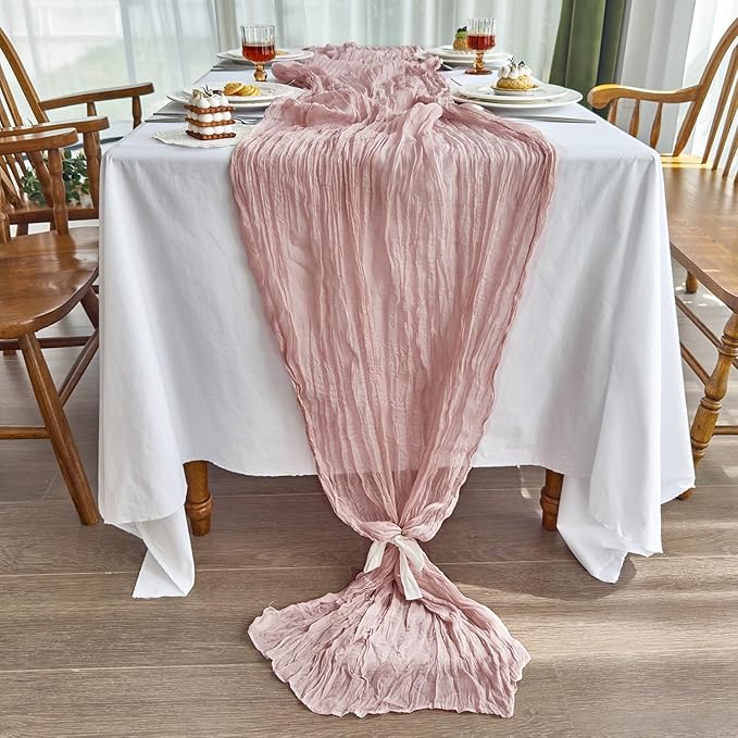 IVAPUPU 1 Pcs Cheesecloth Table Runner - 10ft Dusty Pink Boho Gauze Cheese Cloth Table Runners for Baby Shower Decoration Wedding Party Summer Garden Farmhouse Decor Valentines Day Decorations