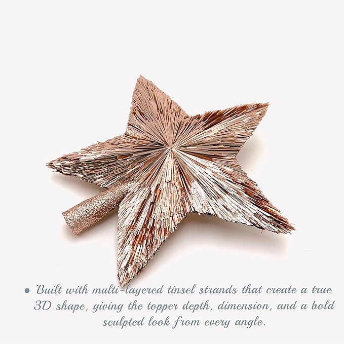 10" Elegant Christmas Star Tree Topper - Classic 5-Pointed Star Top - Unique Design - Luxury Tinsel Stars - Handmade Tree Top - Holiday Decor for Medium and Big Trees - Large (10 inches) (Rose Gold)