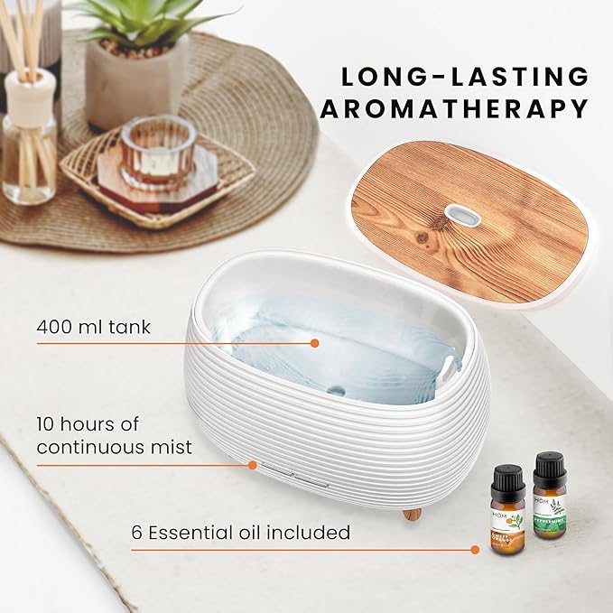 HOM Smart Aromatherapy Diffuser Set with 6 Essential Oils (10ml Each) - 400 ml Ultrasonic Essential Oil Diffuser with 7 Interchangeable LED Colors - Set Schedule and Customize Mood via Phone App