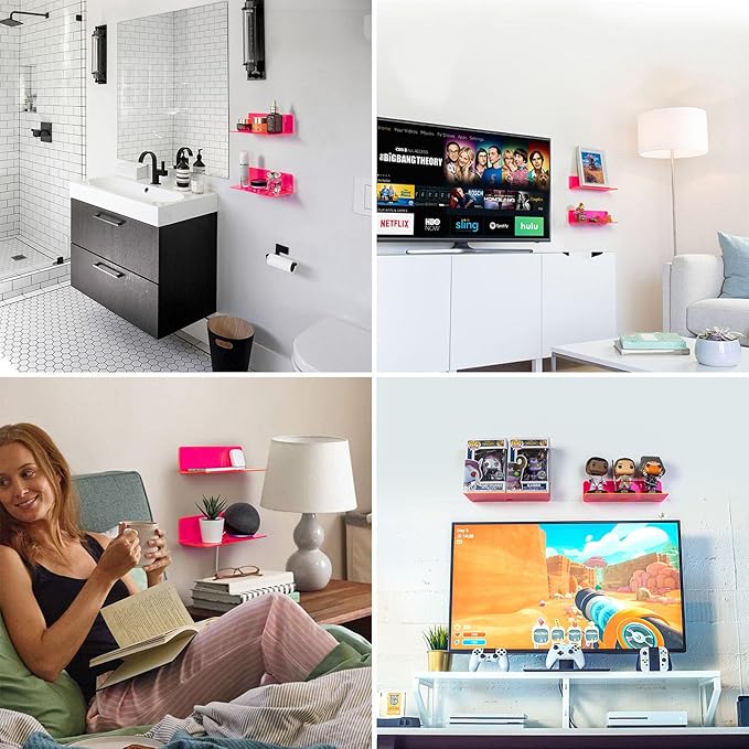 OAPRIRE Acrylic Floating Shelves Set of 2 - Easily Expand Wall Space - Small Wall Shelf with Strong Adhesive for Bedroom, Kids' Room, Bathroom, etc (Fluorescent Pink)