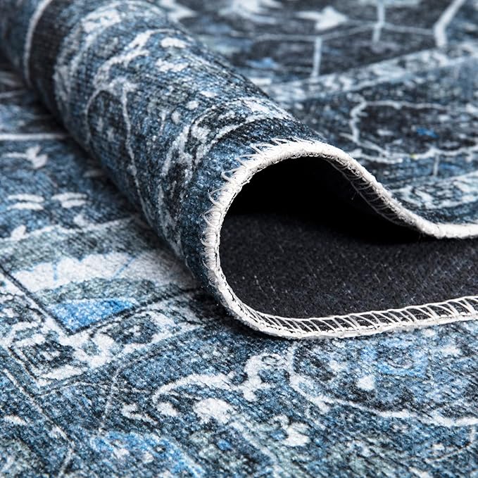 Bloom Rugs Caria Washable Non-Slip 4x6 Rug - Blue/Charcoal Traditional Area Rug for Living Room, Bedroom, Dining Room, and Kitchen - Exact Size: 4' x 6'