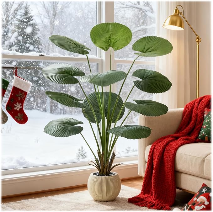 Artificial Palm Tree Faux Fan Palm Tree, 5FT Tall Tropical Areca Floor Plant in Pot Indoor and Outdoor Round Leaves Fake Plant for Home Bathroom Porch Outside Patio Decor