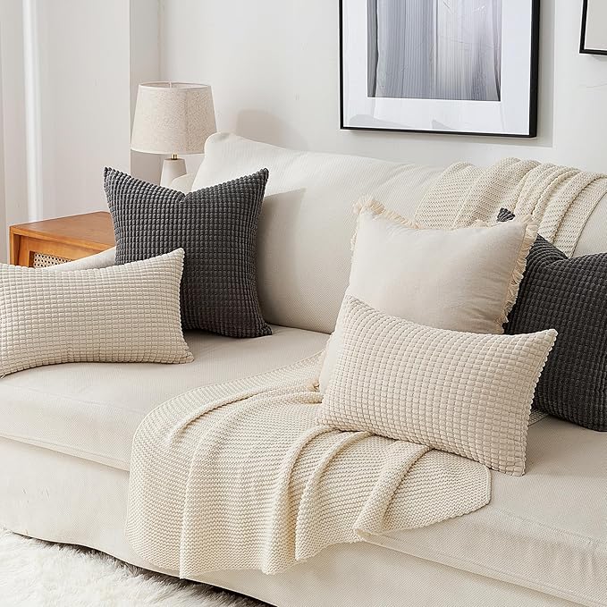 Topfinel Darkgrey Throw Pillow Covers 12x12 Inch Set of 4 Modern Farmhouse Home Decor Pillow Covers for Spring Sofa Living Room Couch Bed Soft Corduroy Textured Boho Striped Patchwork Cushion Cases