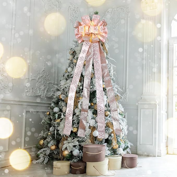 Zeyune Christmas Tree Topper 12 x 45 Inches Large Christmas Bows LED Lights Glitter Satin Mesh Streamer Snowflake Ribbon Decorative Bows for Xmas Tree Decorations Gifts(Pink)
