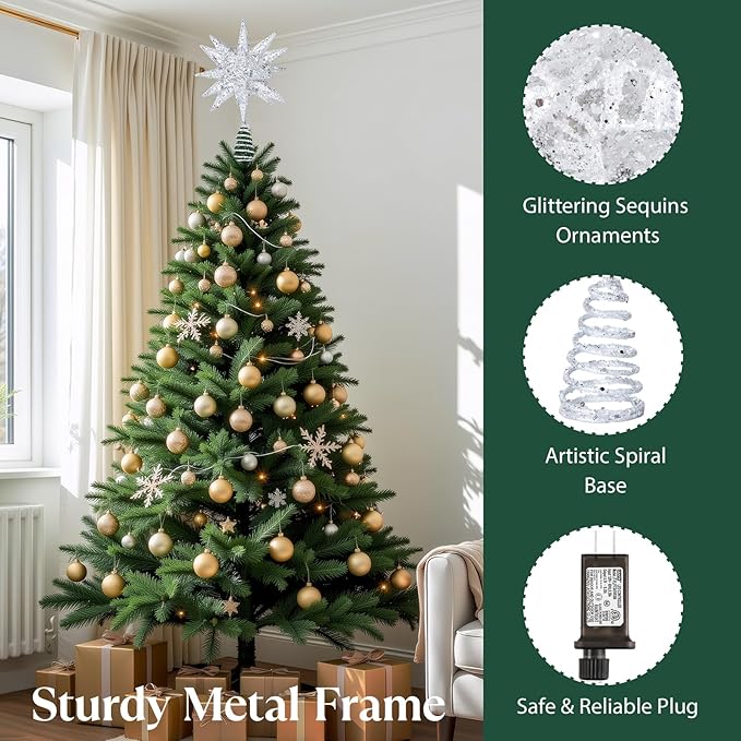 Lewondr Christmas Tree Topper, Plug in 3D Starburst Xmas Lighted Star Tree Topper, Remote Control & Timer Light Up Vintage Moravian Tree Topper for Christmas Decoraiton, Colorful Light, Silver White
