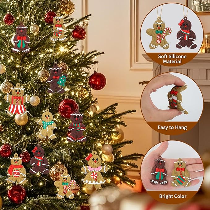 16 Pcs Gingerbread Man Ornaments for Christmas Tree, Soft Silicone Christmas Decorations, 3 Inch Adorable Gingerbread Figurines for Xmas Tree Hanging Decor, Gift Tags & Party Favors (16 Designs)
