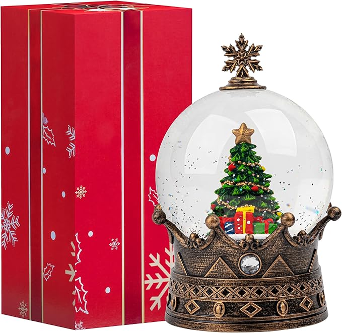 Christmas Snow Globe Lantern Water Glittering Christmas Tree Crown with Music, USB Lined/Battery Operated Lighted Lantern for Christmas Festival Decoration Gifts