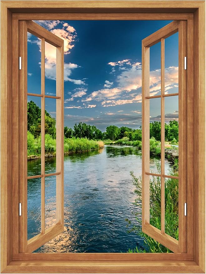 SIGNWIN Removable Wall Sticker/Wall Mural Window View Cloudy Green Forest Tree Lake Nature Wilderness Photography Realism Decorative Landscape Digital Art for Living Room, Bedroom, Office - 24"x32"
