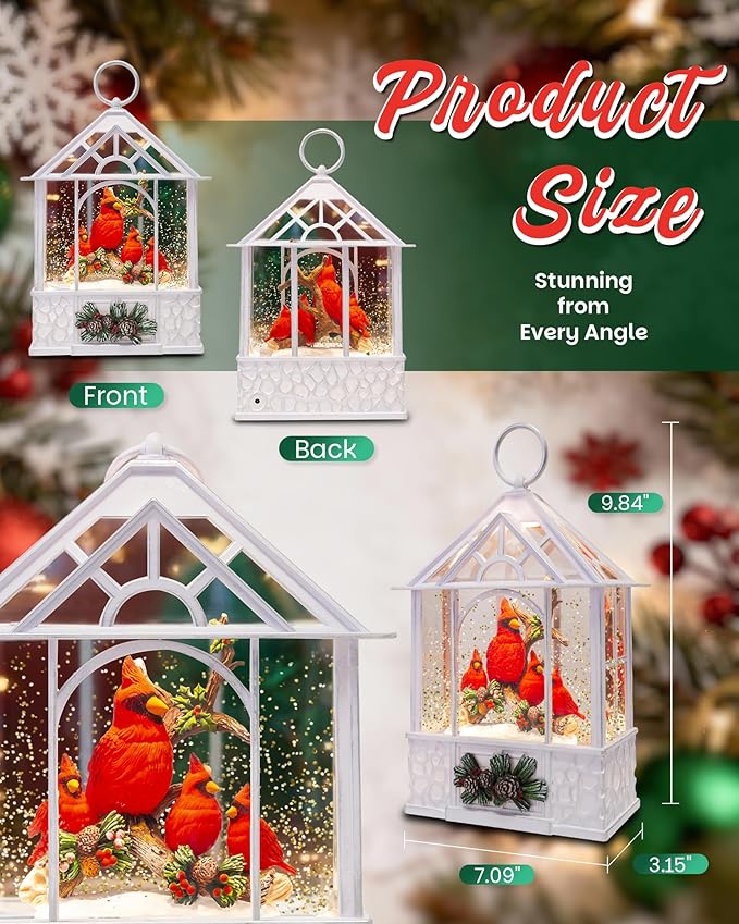 Large Christmas Cardinal Snow Globe Light up Lantern with 8 Songs, 9.84" White Christmas Snow Globes for Kids Adults, 6H Timer & Dual Power, Snowglobes Christmas Decorations Indoor Gifts Women Men