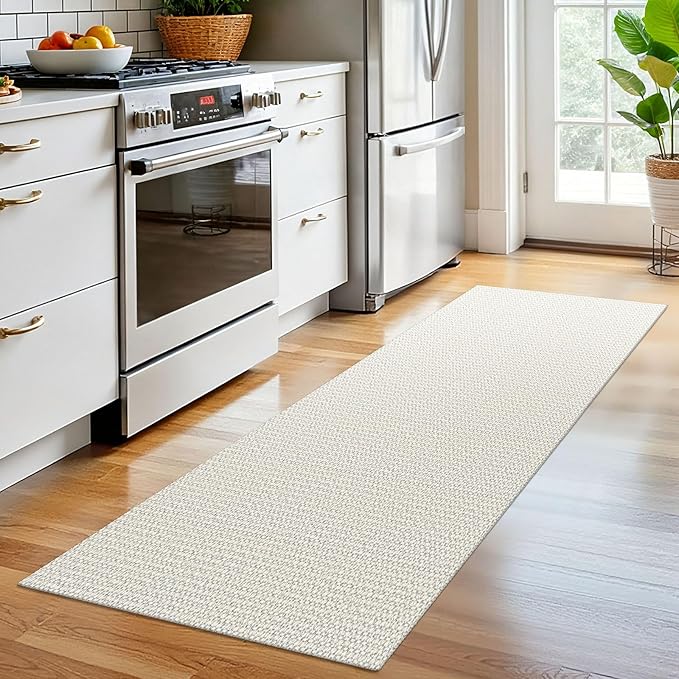 EARTHALL Woven Runner Rug 2x6 Ft Washable Runners for Hallways Cotton Rubber Backed Kitchen Runner Braided Indoor Floor Carpet Runners for Entryway, Hallway, Kitchen, Bedroom, Cream/Grayish