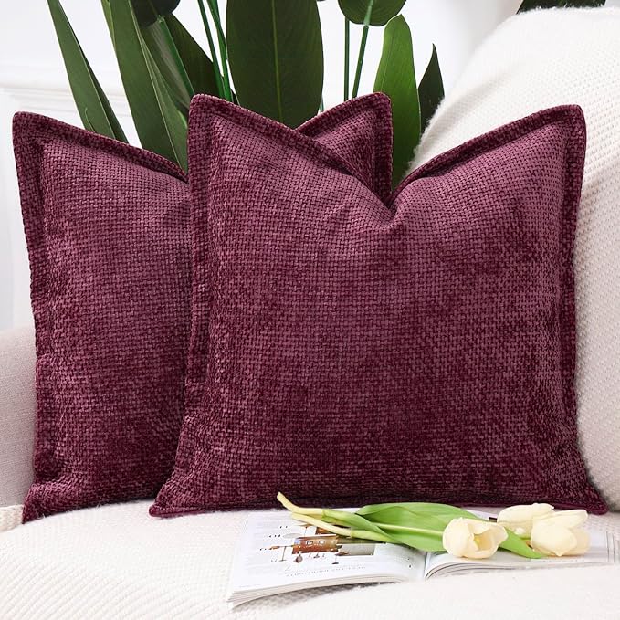 MADIZZ Chenille Velvet Throw Pillow Covers with Flange Set of 2 Super Soft Boho Textured Pillow Covers Decorative Throw Pillowcases Modern Farmhouse Home Decor for Sofa Bedroom Burgundy 20x20 Inch