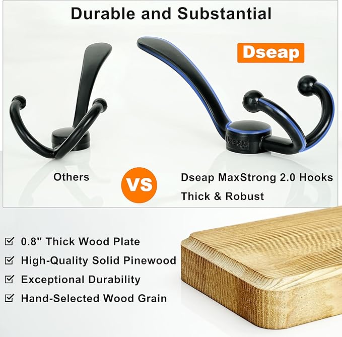 Dseap Coat Rack Wall Mount - Heavy-Duty Robust Barnwood-Style Wooden Wall Coat Hanger Hook Rail with 5 Triple Hooks for Winter Coats Hat Jacket Clothing, Weathered Blue & Black, Pack of 2