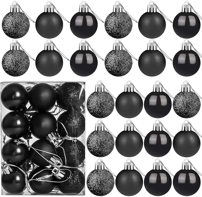 24 Count Small Black Christmas Ornaments Balls, Mini Black Ornaments for Christmas Tree, Plastic Shatterproof Valentine Tree Decorative Hanging Bulbs Ball for Xmas Outdoor Party Decorations, 1.6 inch