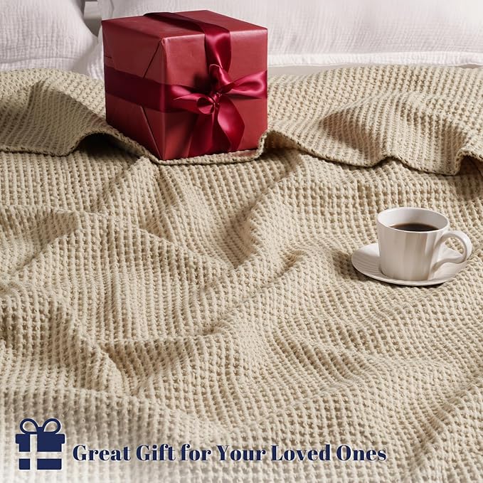 PHF 100% Cotton Waffle Weave Blanket Queen Size for Bed,Snag Proof Lightweight Breathable Throw for Couch,Great for Layering in Cold Weather,Machine Washable, Home Decor Gift-Khaki/Simply Taupe