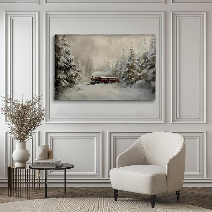 Rustic Farmhouse Train Scene Print, Christmas & Winter Wall Art, 16x24inch Unframed