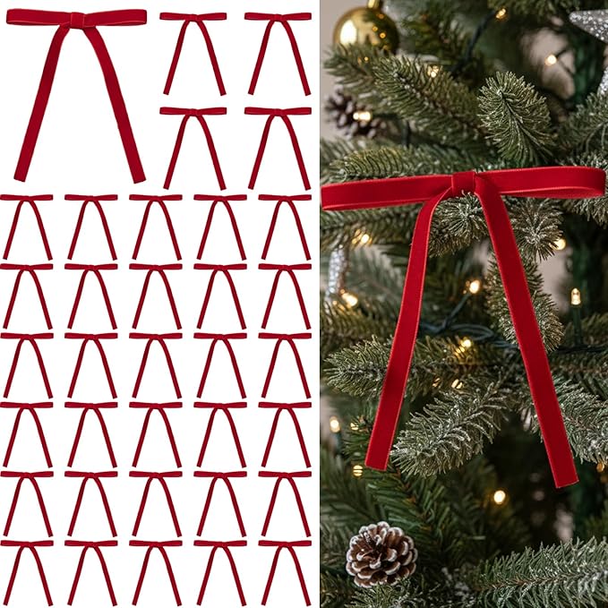 36 Pcs Red Velvet Christmas Tree Bows Decor, Vintage Wreath Bow for Christmas Garland, Gift Wrapping, Xmas Tree, 3/8'' Wide, 5 * 7 inch