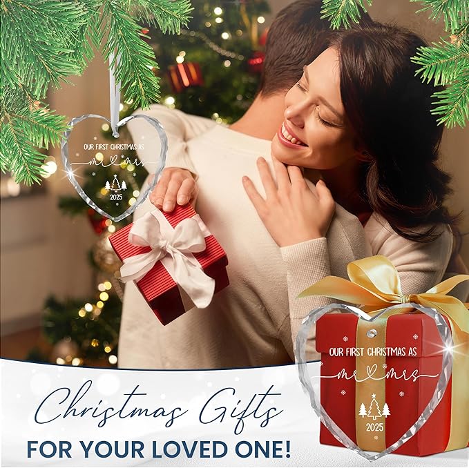 Christmas Wedding Gifts for Couples 2025 - Mr and Mrs - Bridal Shower Gifts for Newlywed Bride - Glass Christmas Birthday Ornaments 2025 with Card, First Christmas Married Ornament