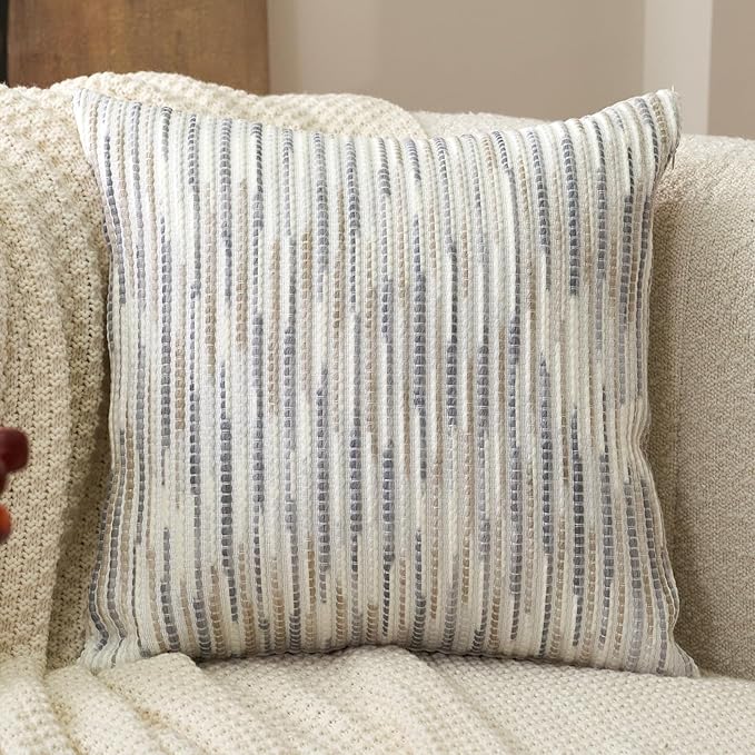 Aeckself Boho Striped Pillow Cover 24x24, Large Decorative Square Throw Pillow Cover Chenille Neutral Pillowcase for Couch Bedroom Living Room, Gray White