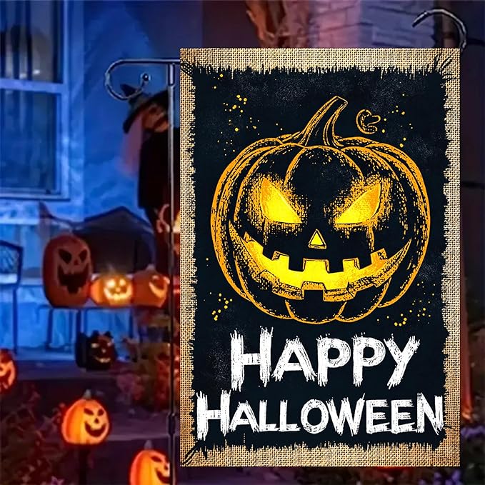 Halloween Garden Flag Burlap Style 12x18 Inch Happy Halloween Pumpkin Banner Vintage Jack O Lantern Yard Flag Double Sided Rustic Fall Outdoor Decor Spooky Porch Lawn Holiday Welcome Sign