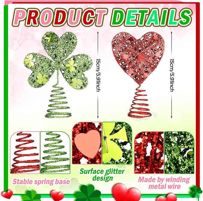 2pcs Valentine Day St Patrick's Day Mini Tree Topper Heart Shamrock Tree Topper Red Green Iron Metal Glitter Holidays Ornament for Irish Festival Party Decorations (2,Classic)