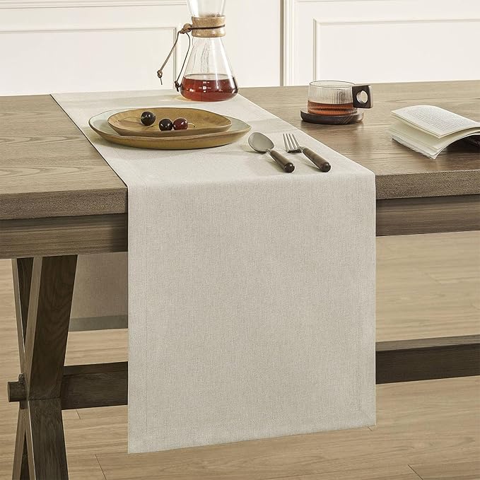 ZeeMart Basic Linen Style Table Runner, 14 x 60 Inch Raw Linen, Rustic Farmhouse Light Beige Table Runners 60 Inches Long, Everyday Polyester Table Runner - Machine Washable & Easy Care