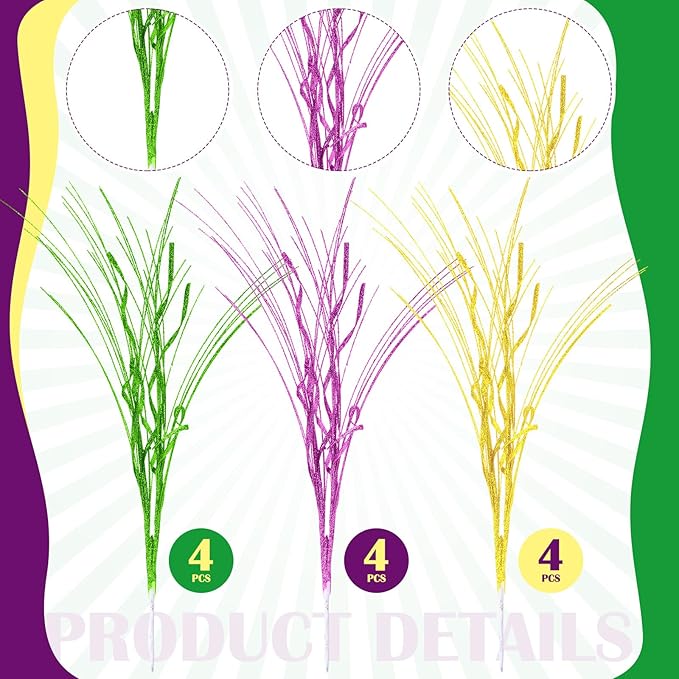 12 Pcs Mardi Gras Picks Table Centerpiece Decoration 16'' Mardi Gras Tree Topper Purple Gold Green Floral Berry Stems Picks and Sprays Table Decor for Carnival Party(Branch)