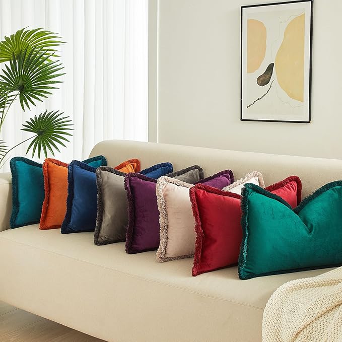 JUSPURBET Pack of 2 Eggplant Decorative Fringe Velvet Throw Pillow Covers 24x24 for Home Decor Living Room Bedroom Car Boho Soft Cushion Cover with Hidden Zipper Machine Washable